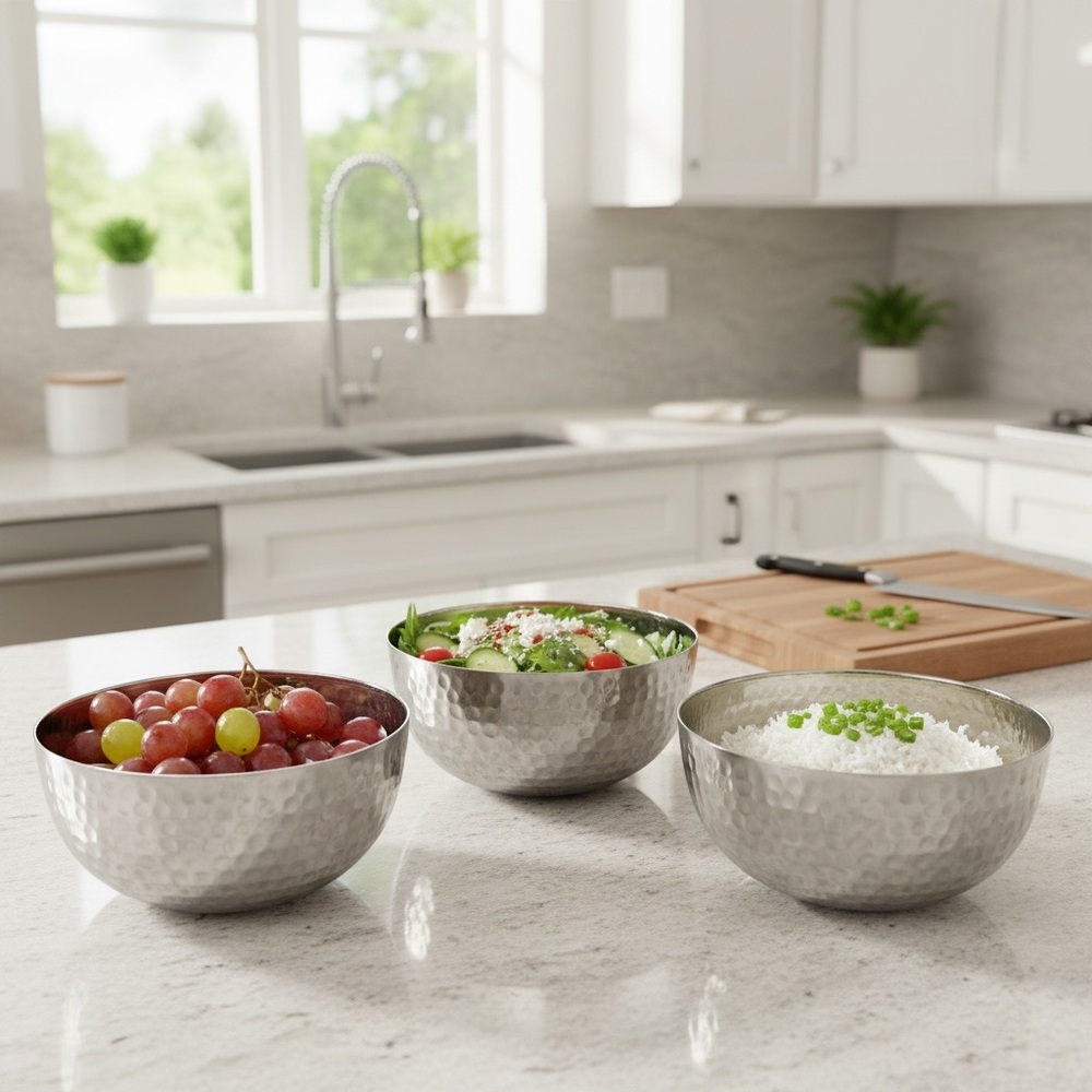 Hammered Stainless Steel Mixing Bowls - Set of 3 (Silver)
